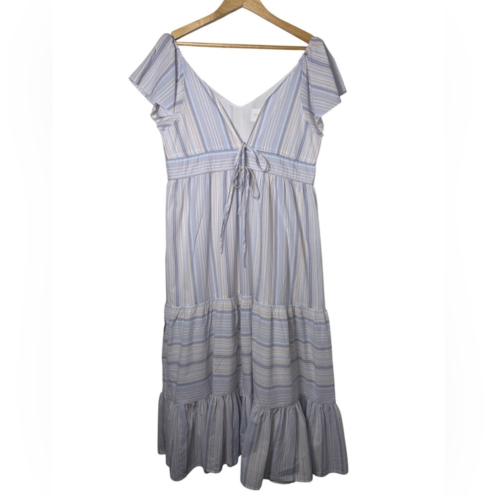 Anthro Sundays 100% Cotton Blue Striped Flutter Sleeve Tiered Ruffle Maxi Dress - Picture 2 of 6